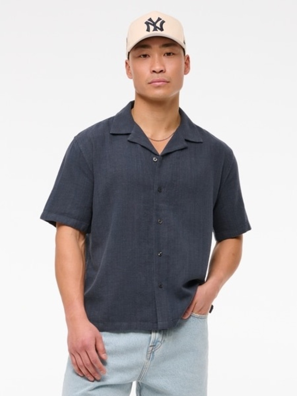 NWT ABERCROMBIE & FITCH Slate Blue Linen-Blend Button-Up (XS)